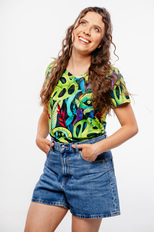 T-SHIRT DAMSKI COLORFUL V-NECK  Zielone Monstery